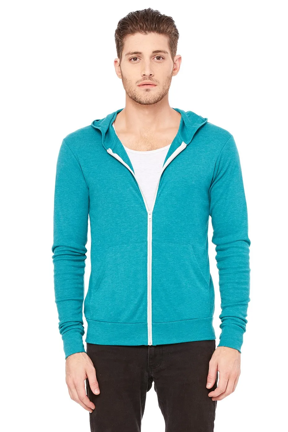 Bella + Canvas Unisex Triblend Full-Zip Lightweight Hoodie 3939 Teal Triblend