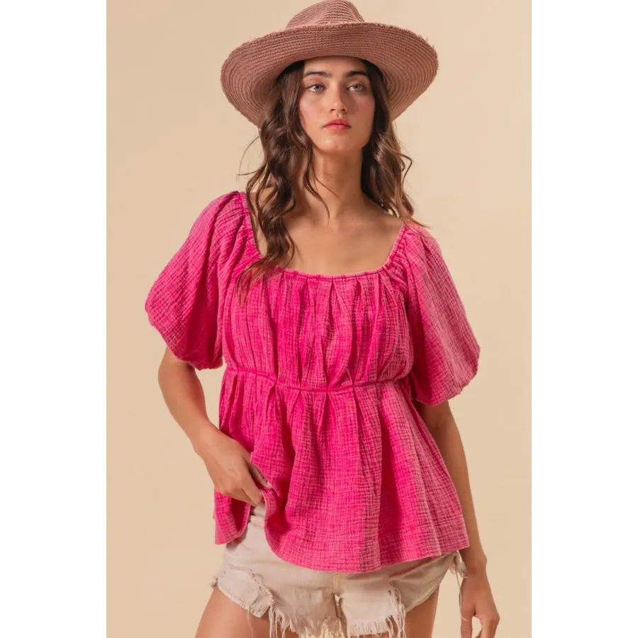 BiBi Pleated Puff Sleeve Washed Blouse