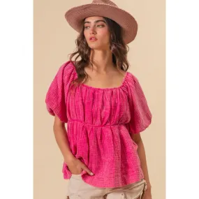 BiBi Pleated Puff Sleeve Washed Blouse