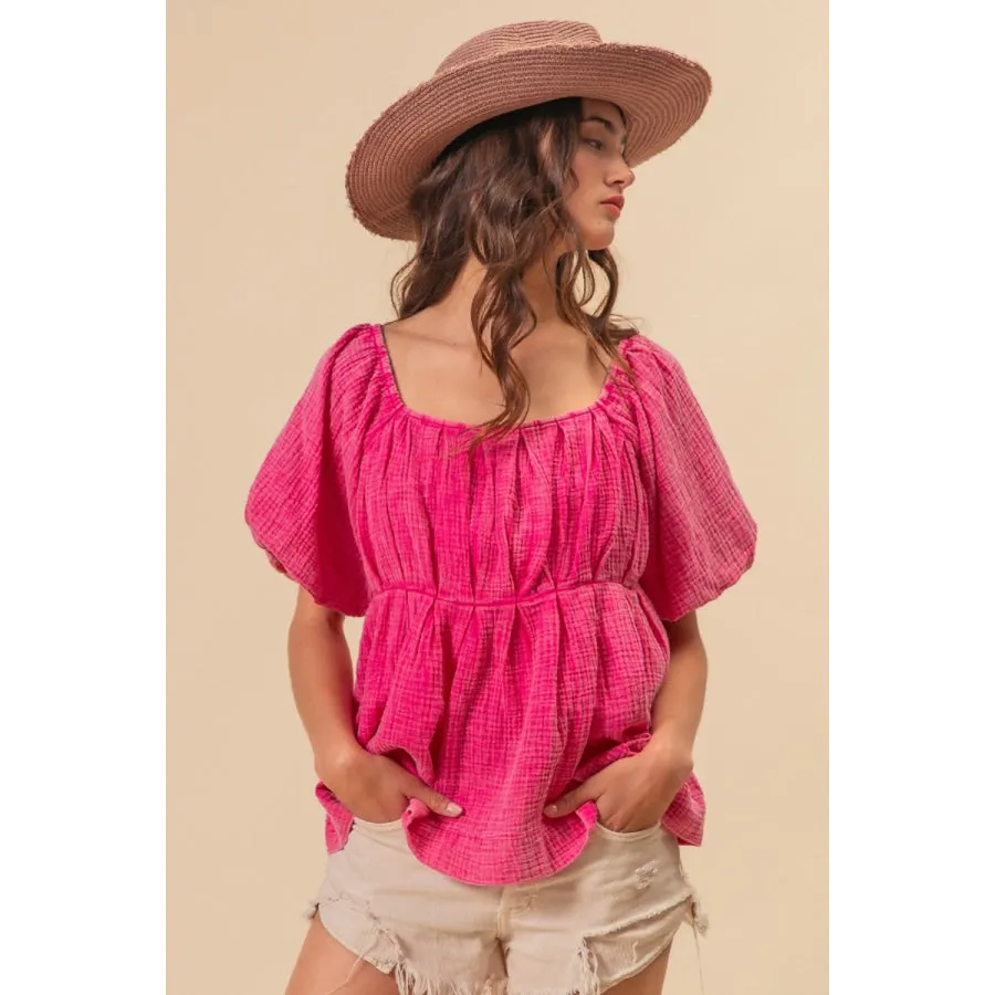 BiBi Pleated Puff Sleeve Washed Blouse