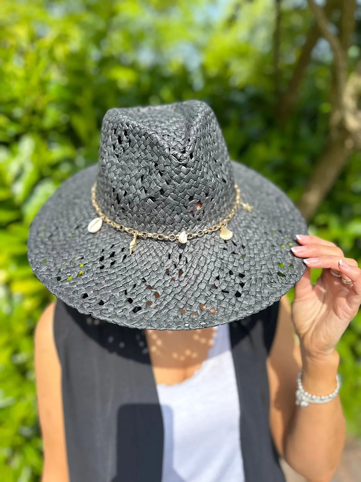 Black Straw Weave Multi Charm Hat