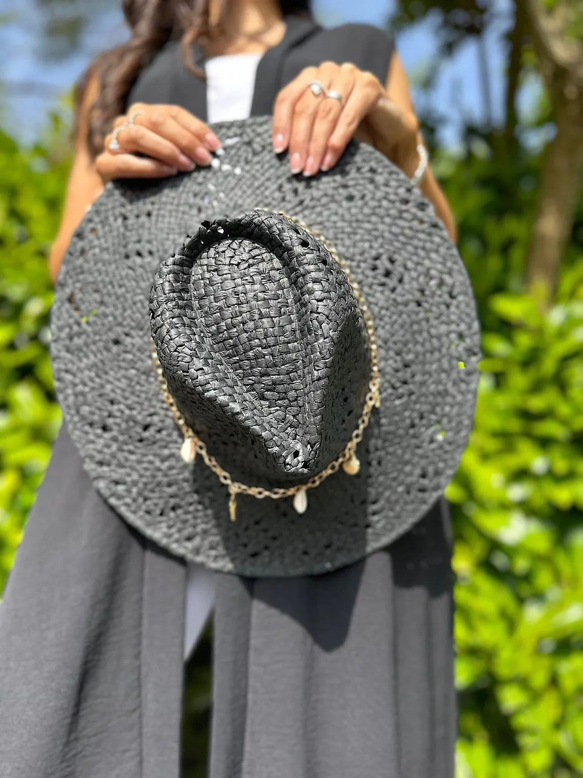 Black Straw Weave Multi Charm Hat