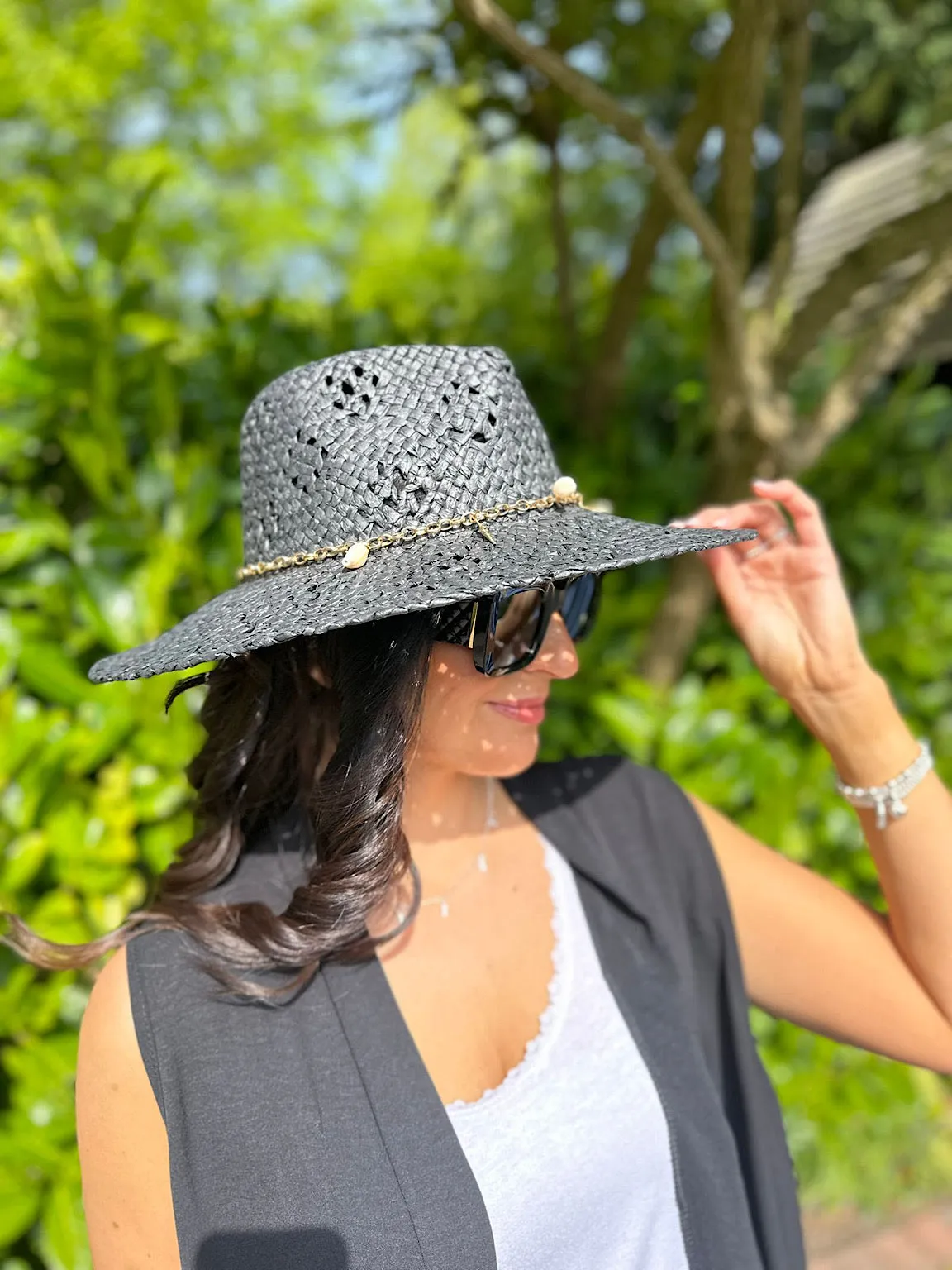 Black Straw Weave Multi Charm Hat