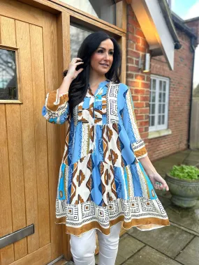 Blue Multi Pattern Flared Sleeve Tunic Doreen