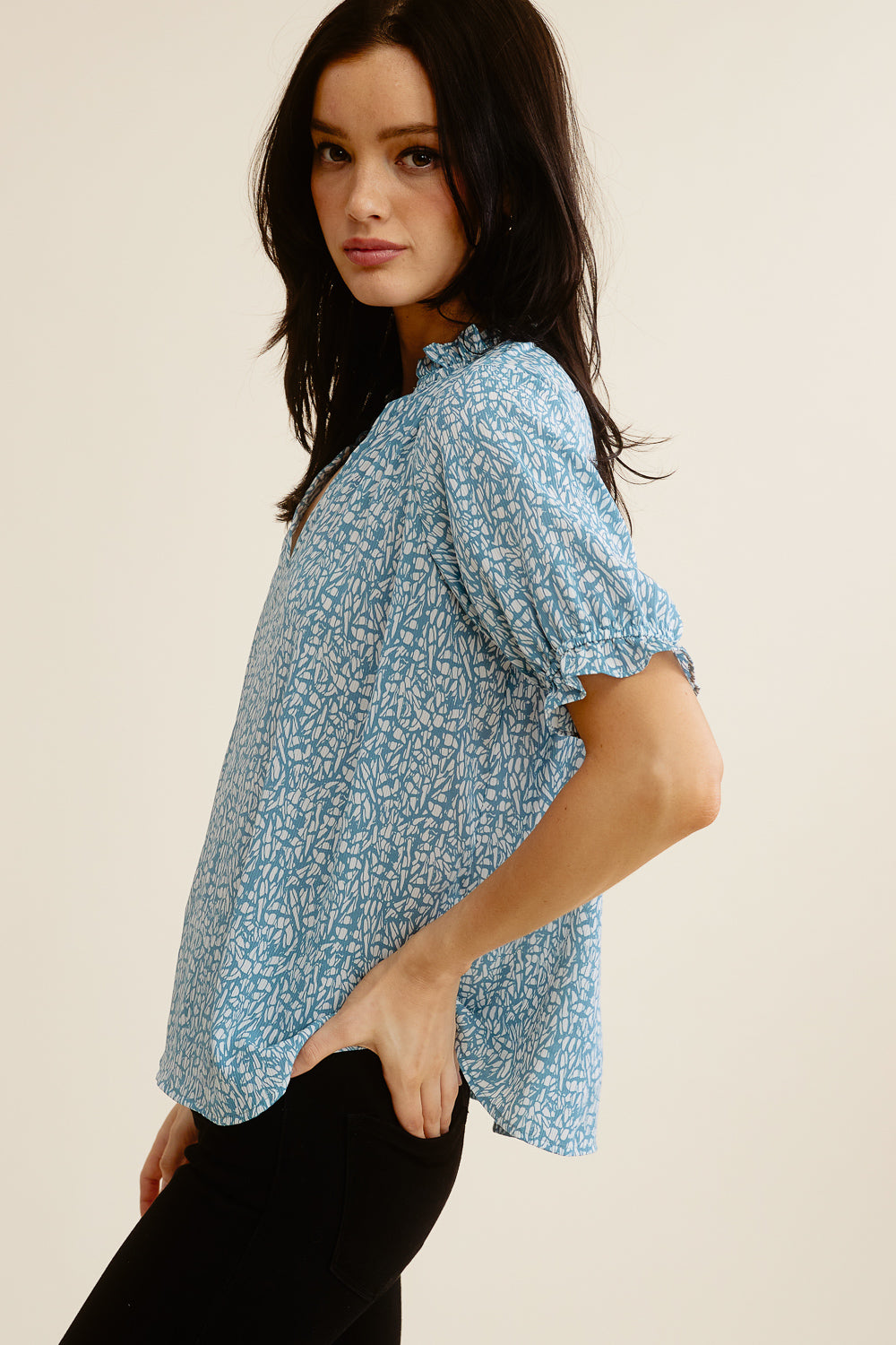 Blue Patterned Puff Sleeve Blouse