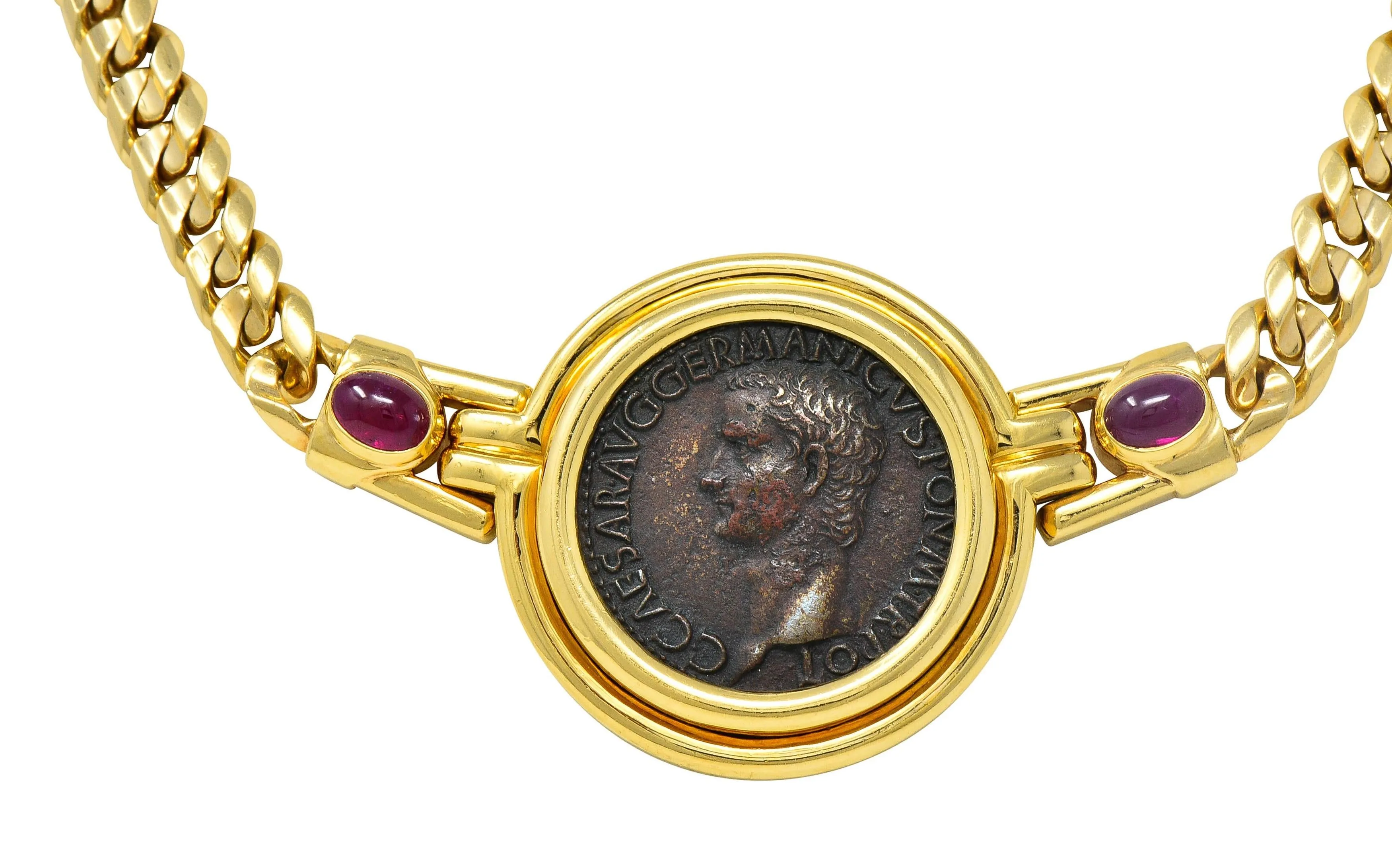 Bulgari Ruby Ancient Coin 18 Karat Yellow Gold Monete Roman Vesta Caligula Vintage Collar Necklace