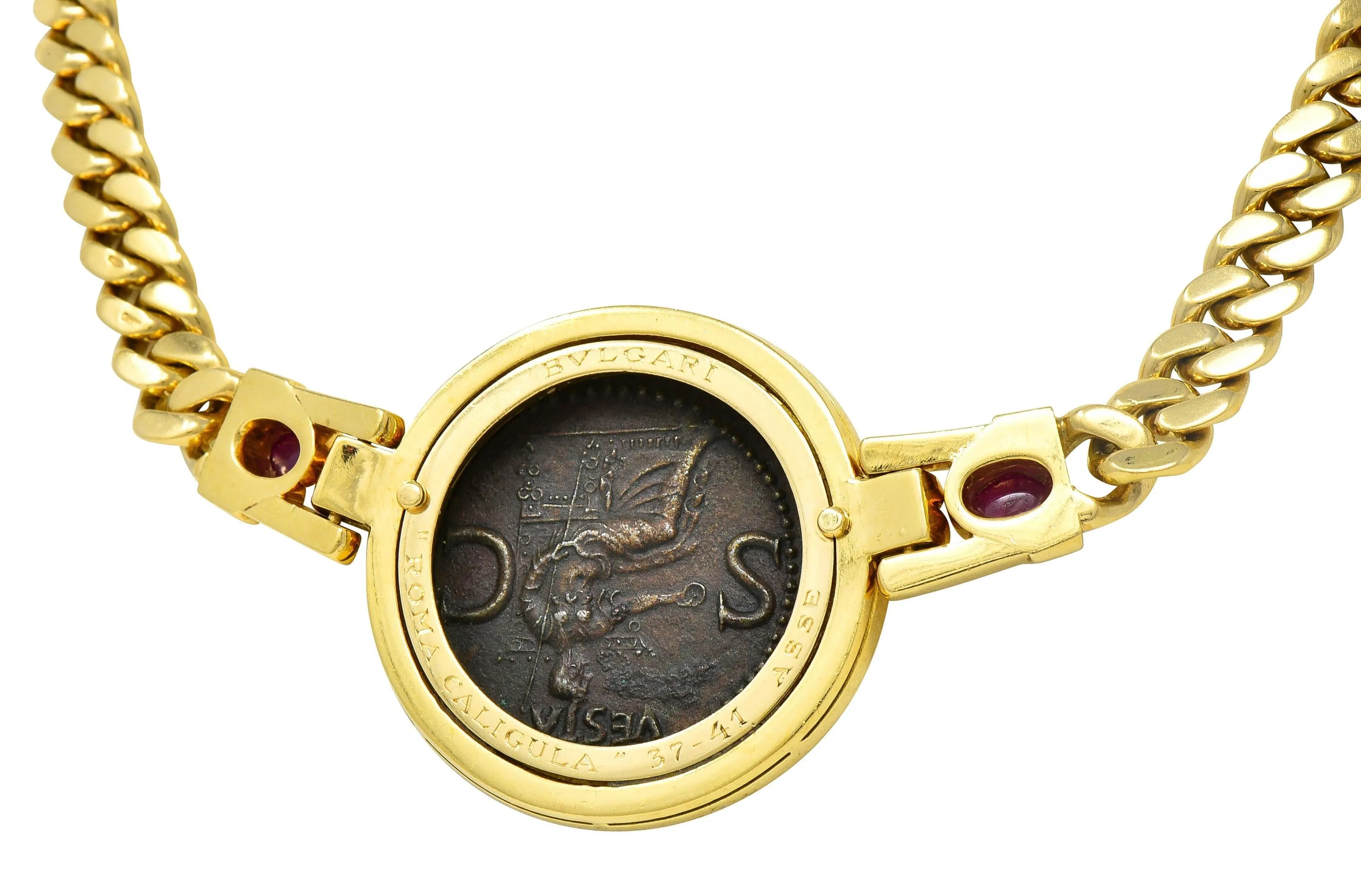 Bulgari Ruby Ancient Coin 18 Karat Yellow Gold Monete Roman Vesta Caligula Vintage Collar Necklace