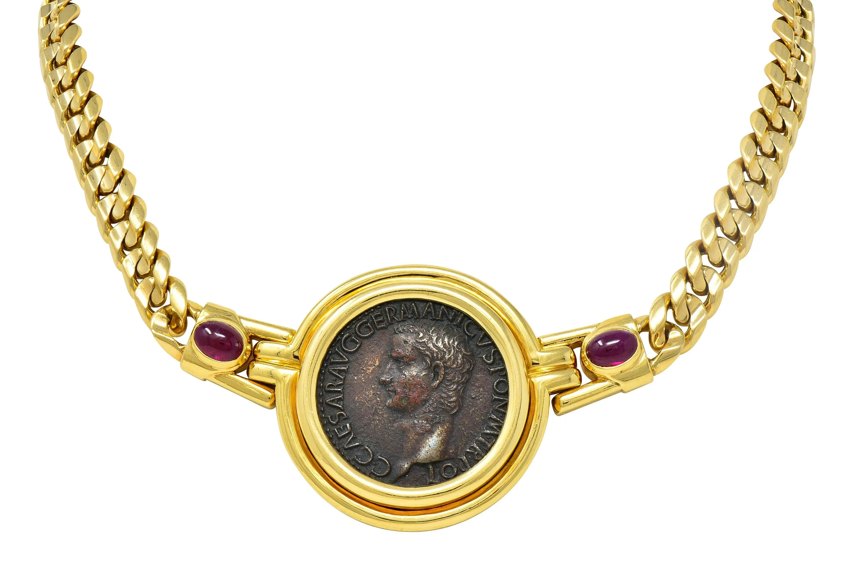 Bulgari Ruby Ancient Coin 18 Karat Yellow Gold Monete Roman Vesta Caligula Vintage Collar Necklace