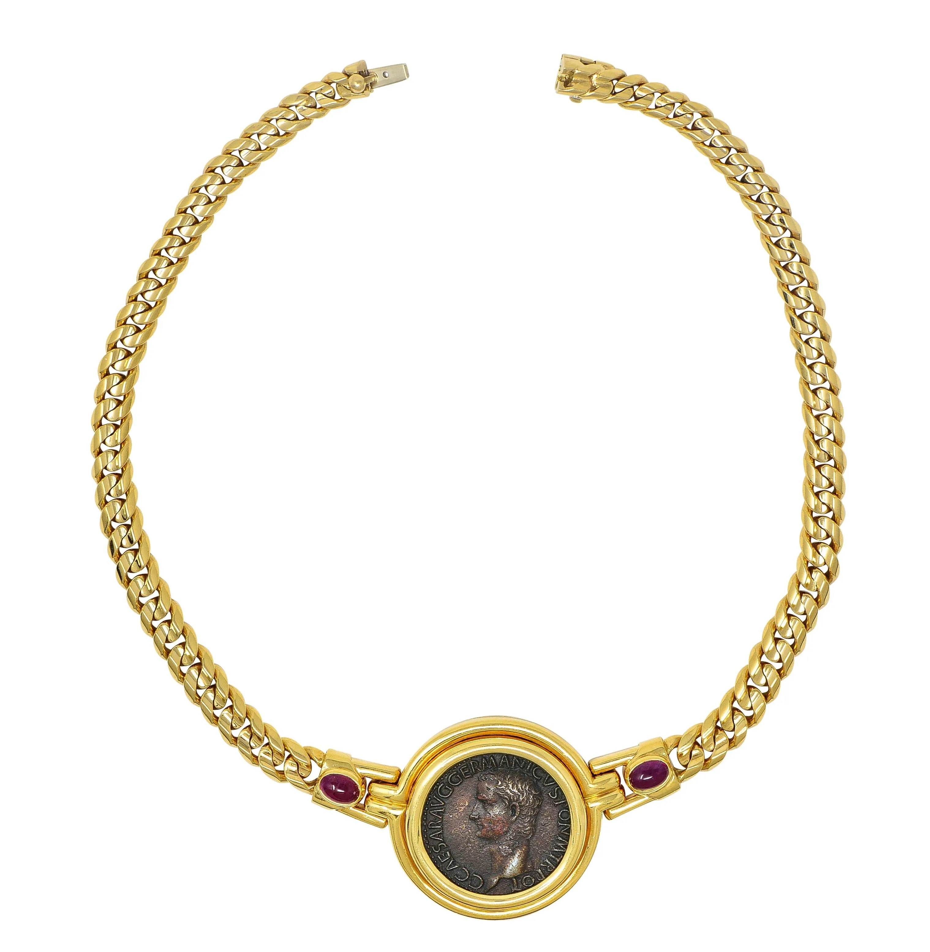 Bulgari Ruby Ancient Coin 18 Karat Yellow Gold Monete Roman Vesta Caligula Vintage Collar Necklace