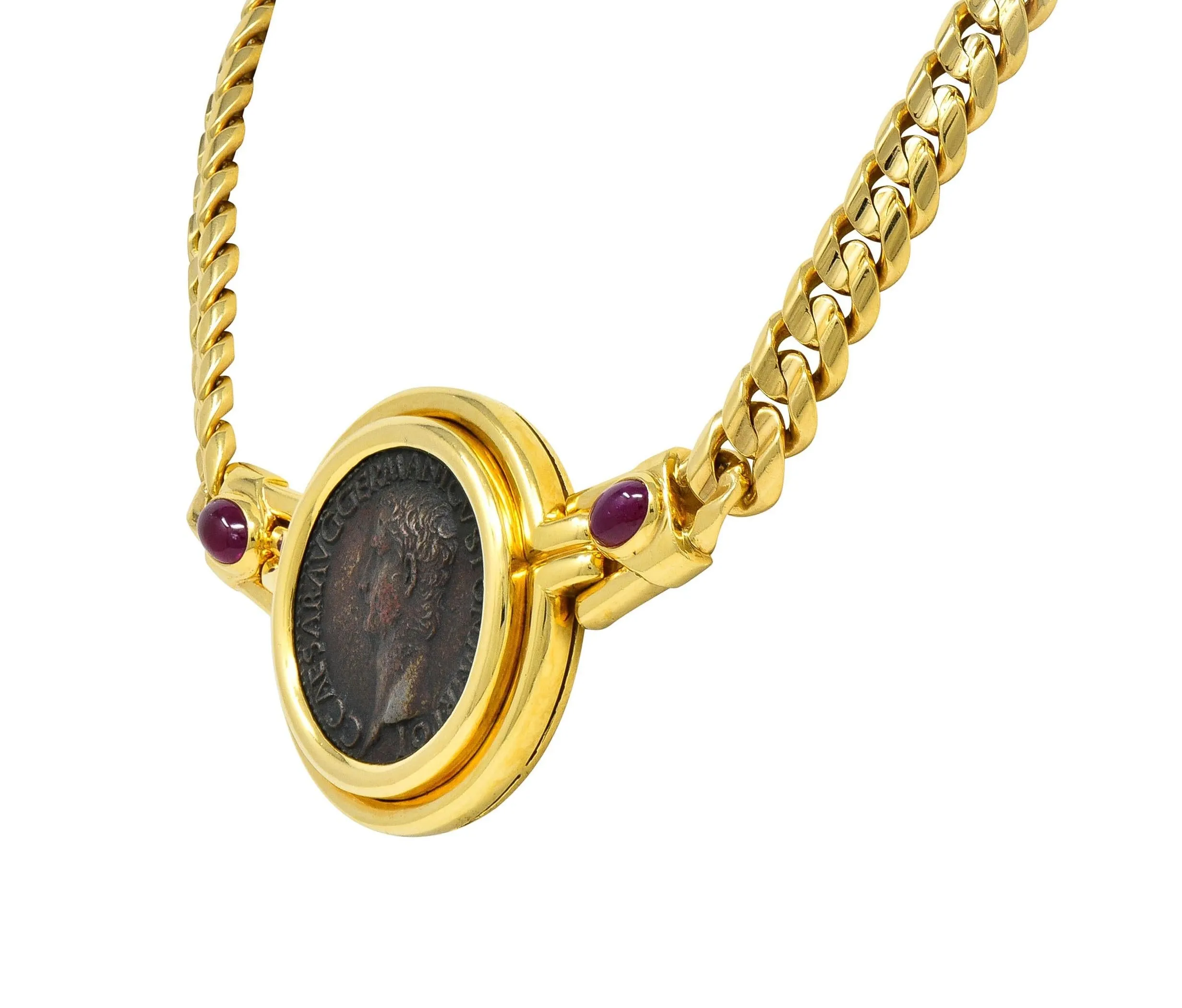 Bulgari Ruby Ancient Coin 18 Karat Yellow Gold Monete Roman Vesta Caligula Vintage Collar Necklace