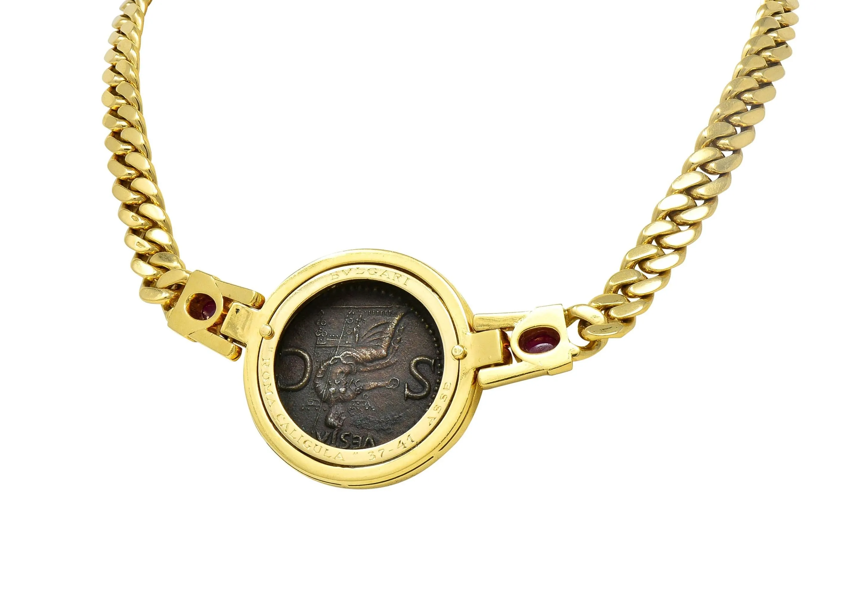 Bulgari Ruby Ancient Coin 18 Karat Yellow Gold Monete Roman Vesta Caligula Vintage Collar Necklace