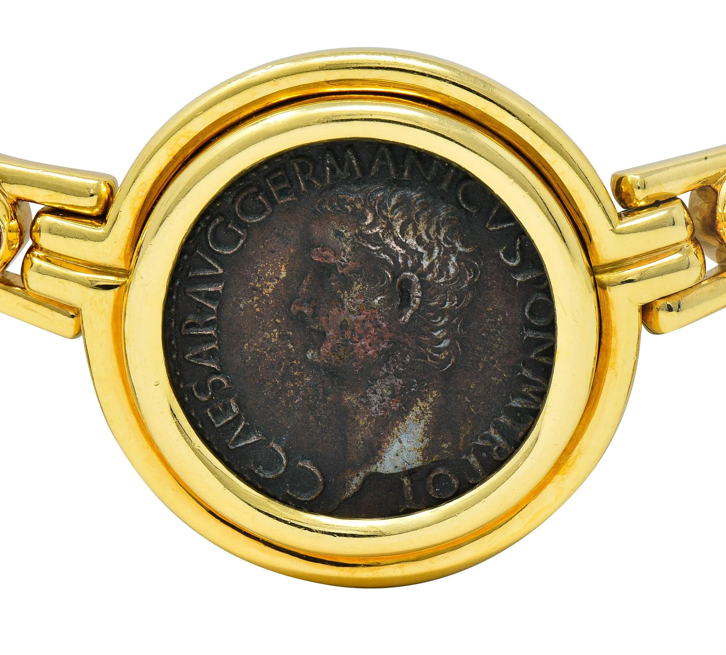 Bulgari Ruby Ancient Coin 18 Karat Yellow Gold Monete Roman Vesta Caligula Vintage Collar Necklace