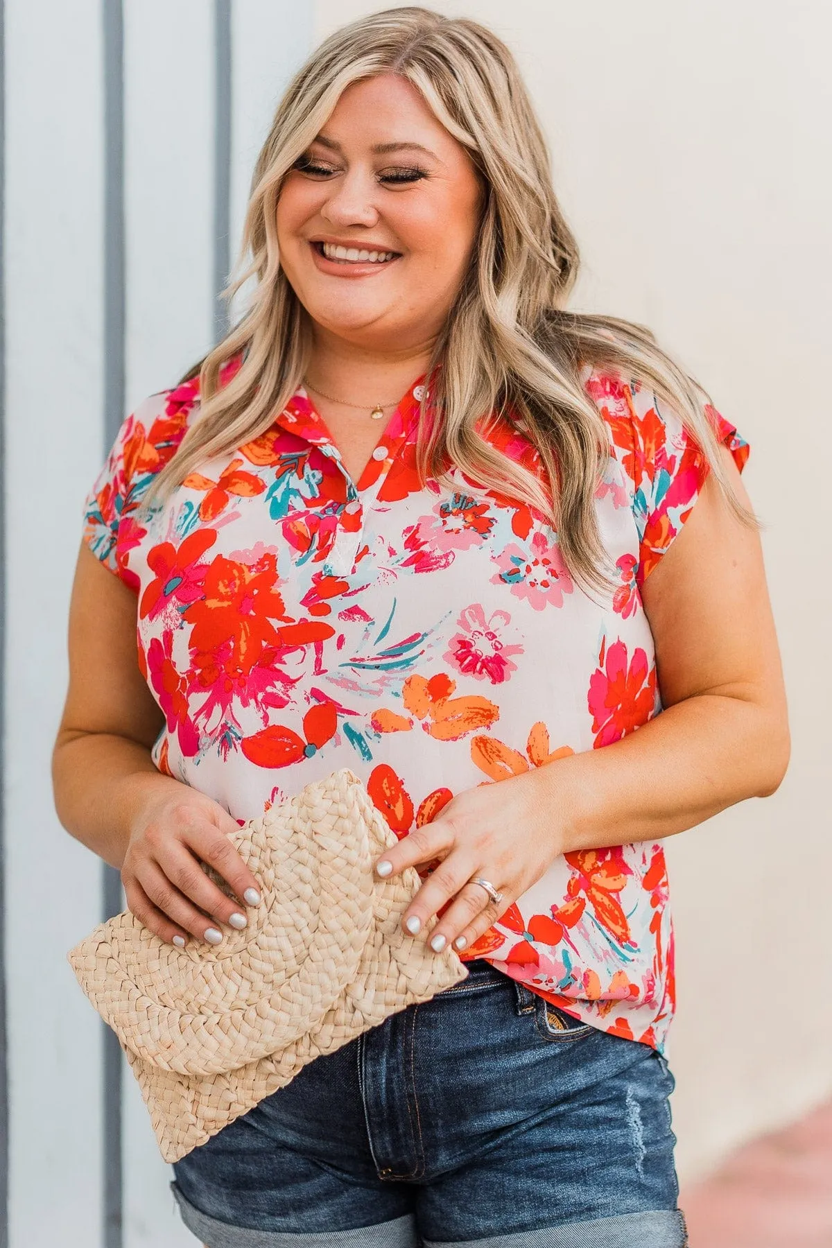 Can't Deny Floral Button Top- Ivory & Red