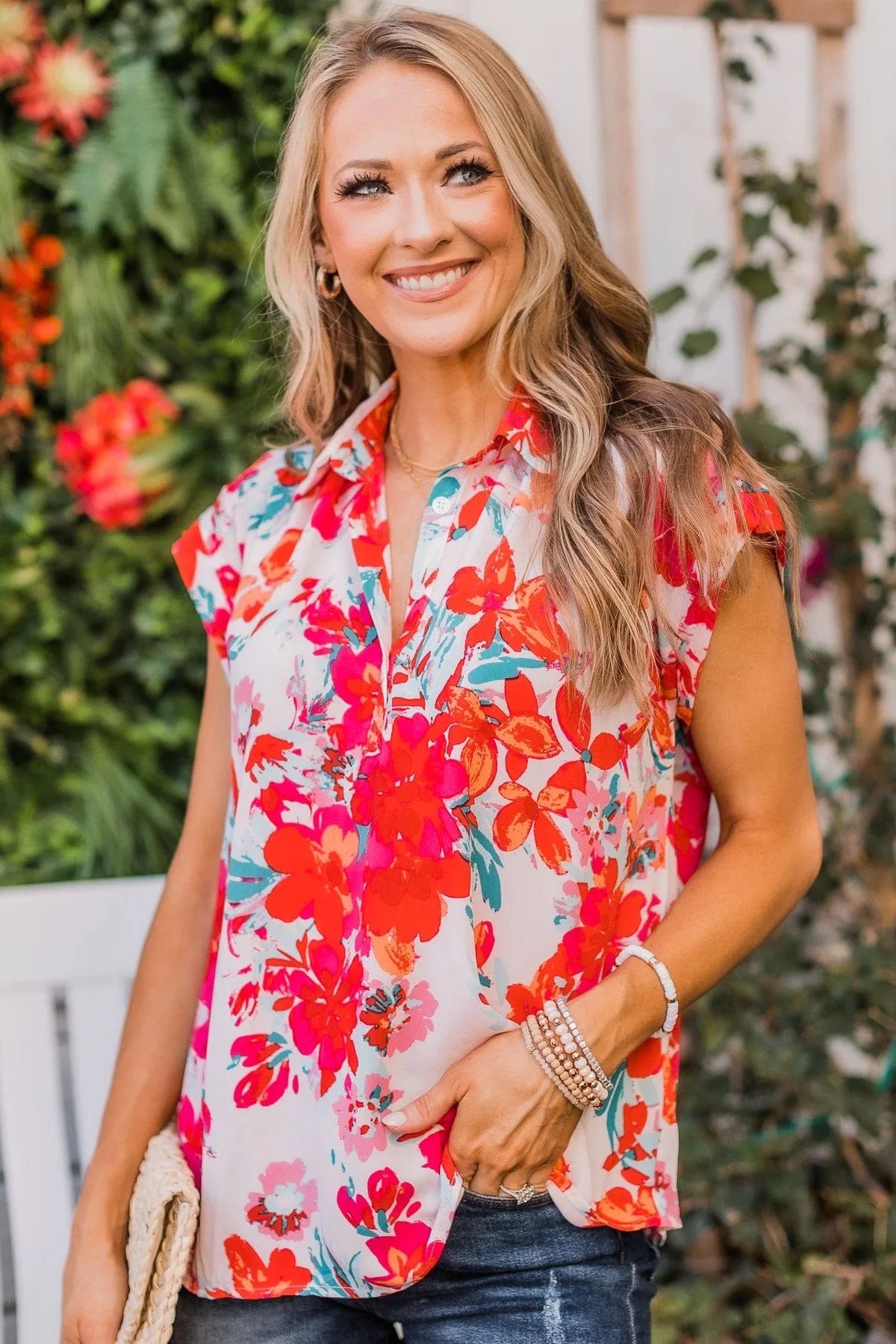 Can't Deny Floral Button Top- Ivory & Red