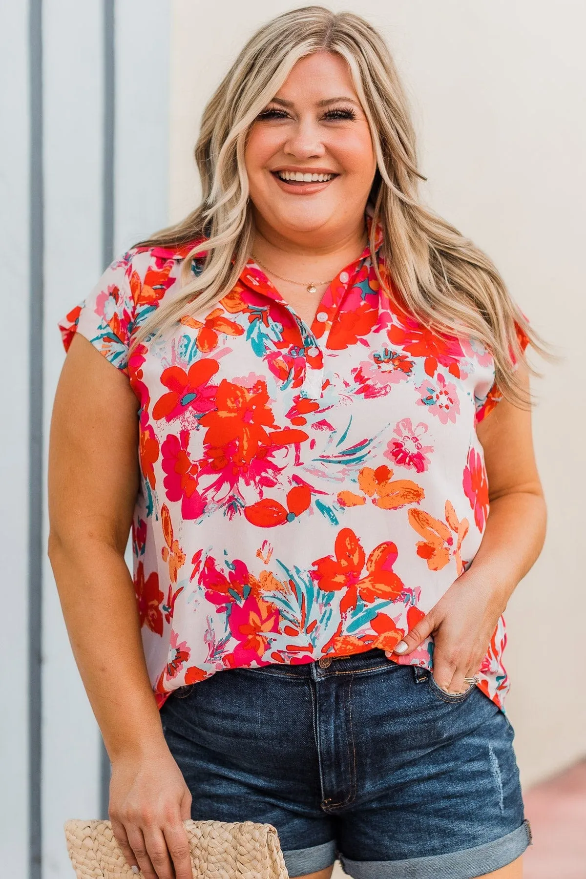 Can't Deny Floral Button Top- Ivory & Red