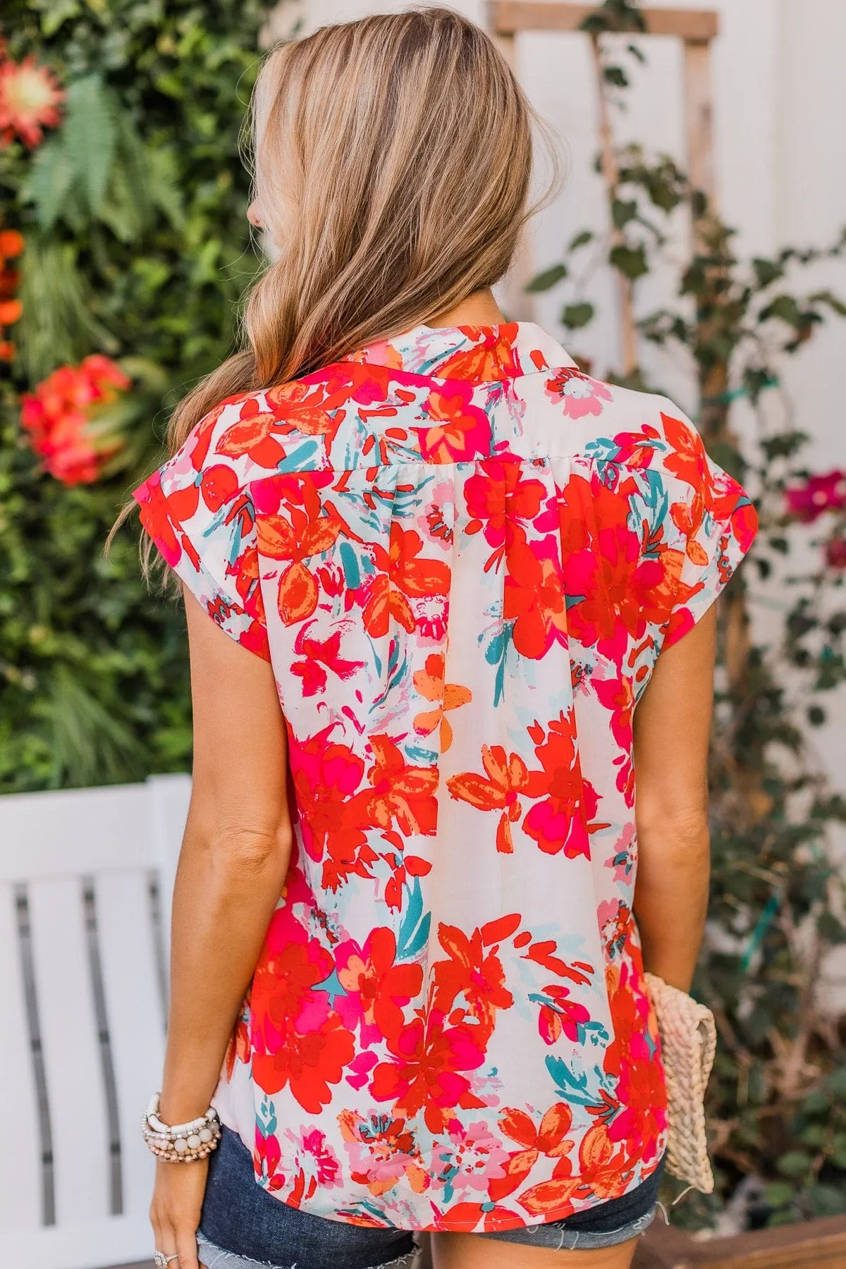 Can't Deny Floral Button Top- Ivory & Red