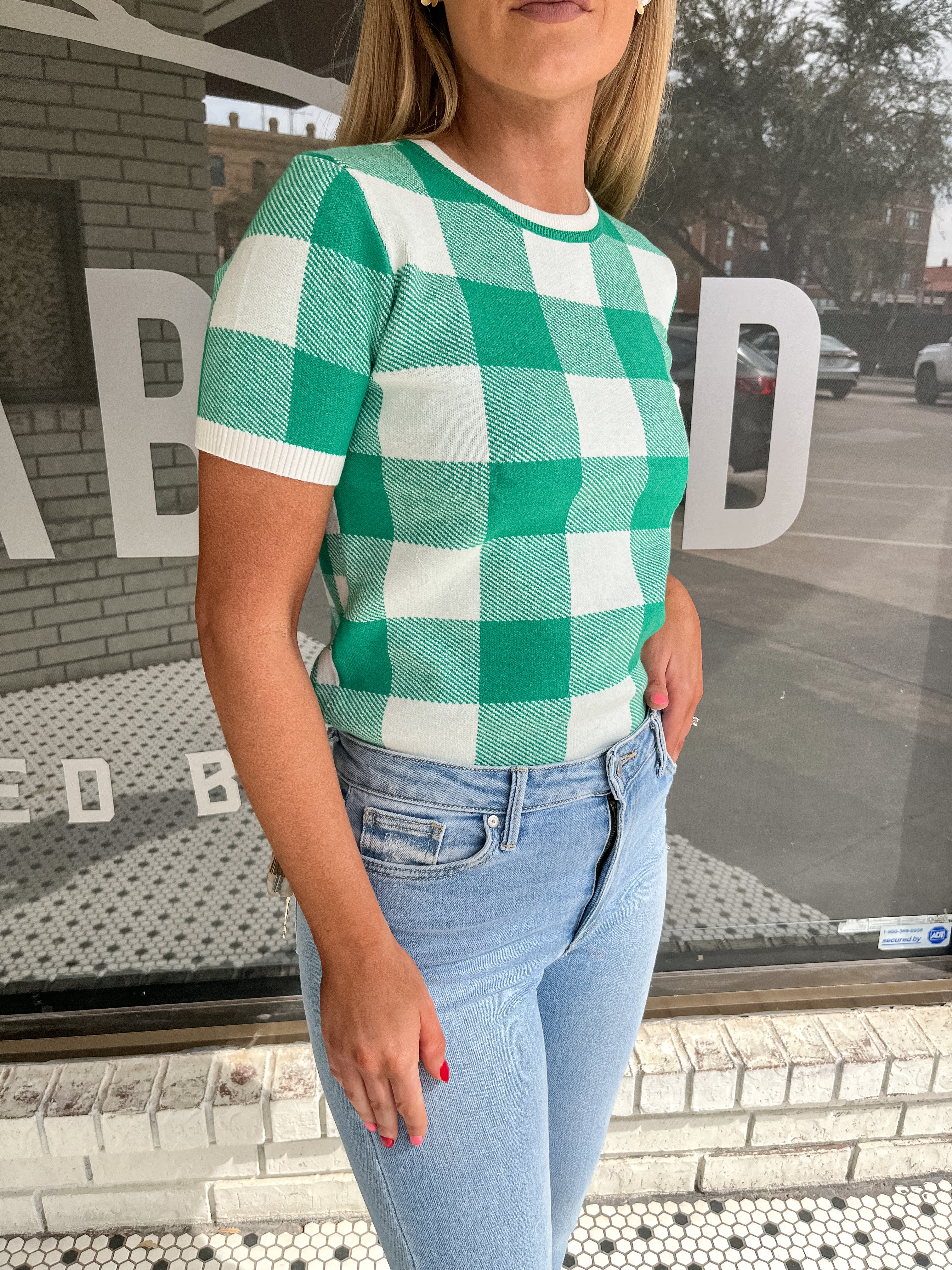 CHECKER BOARD KNIT TOP - JADE GREEN