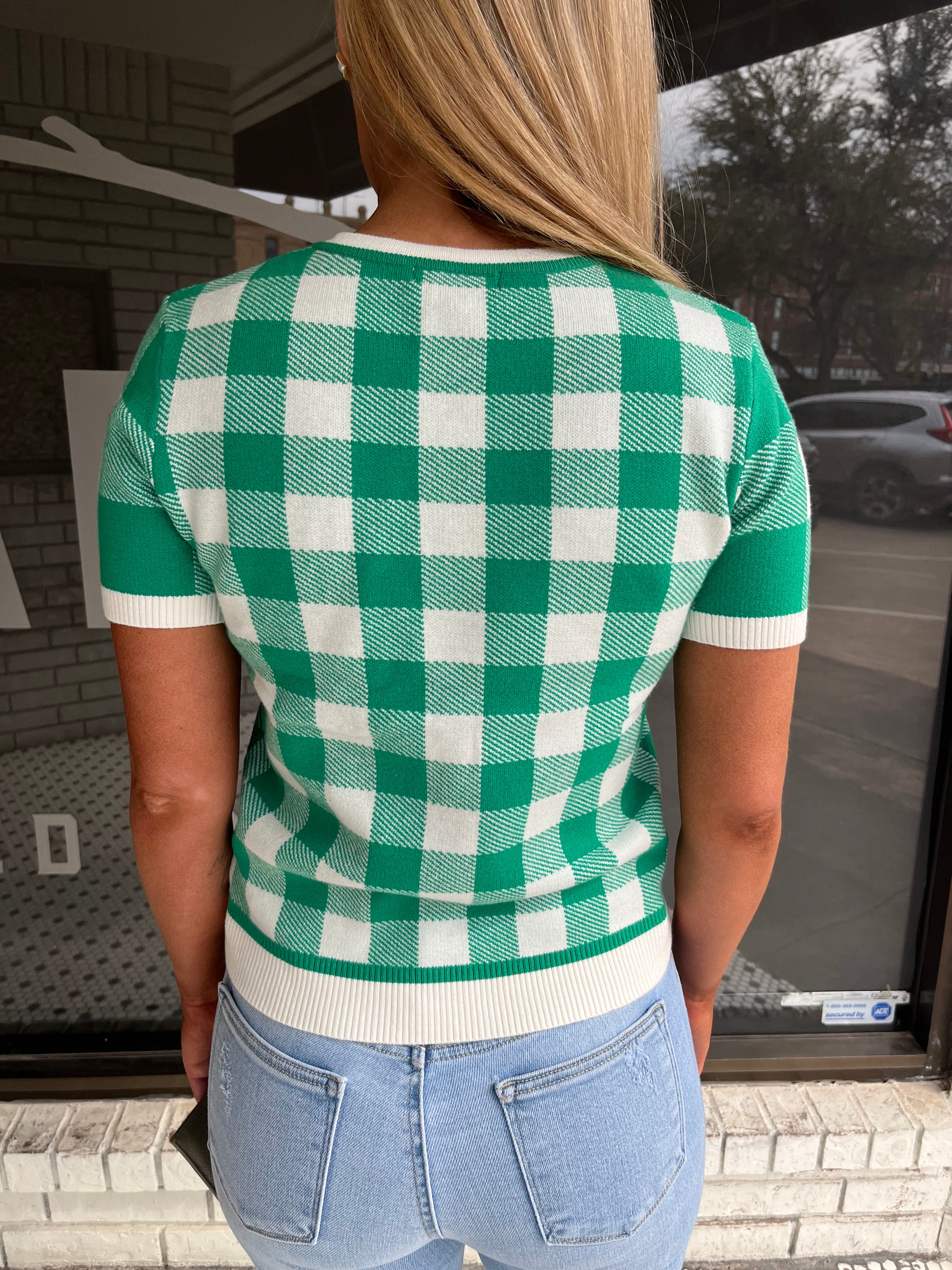 CHECKER BOARD KNIT TOP - JADE GREEN