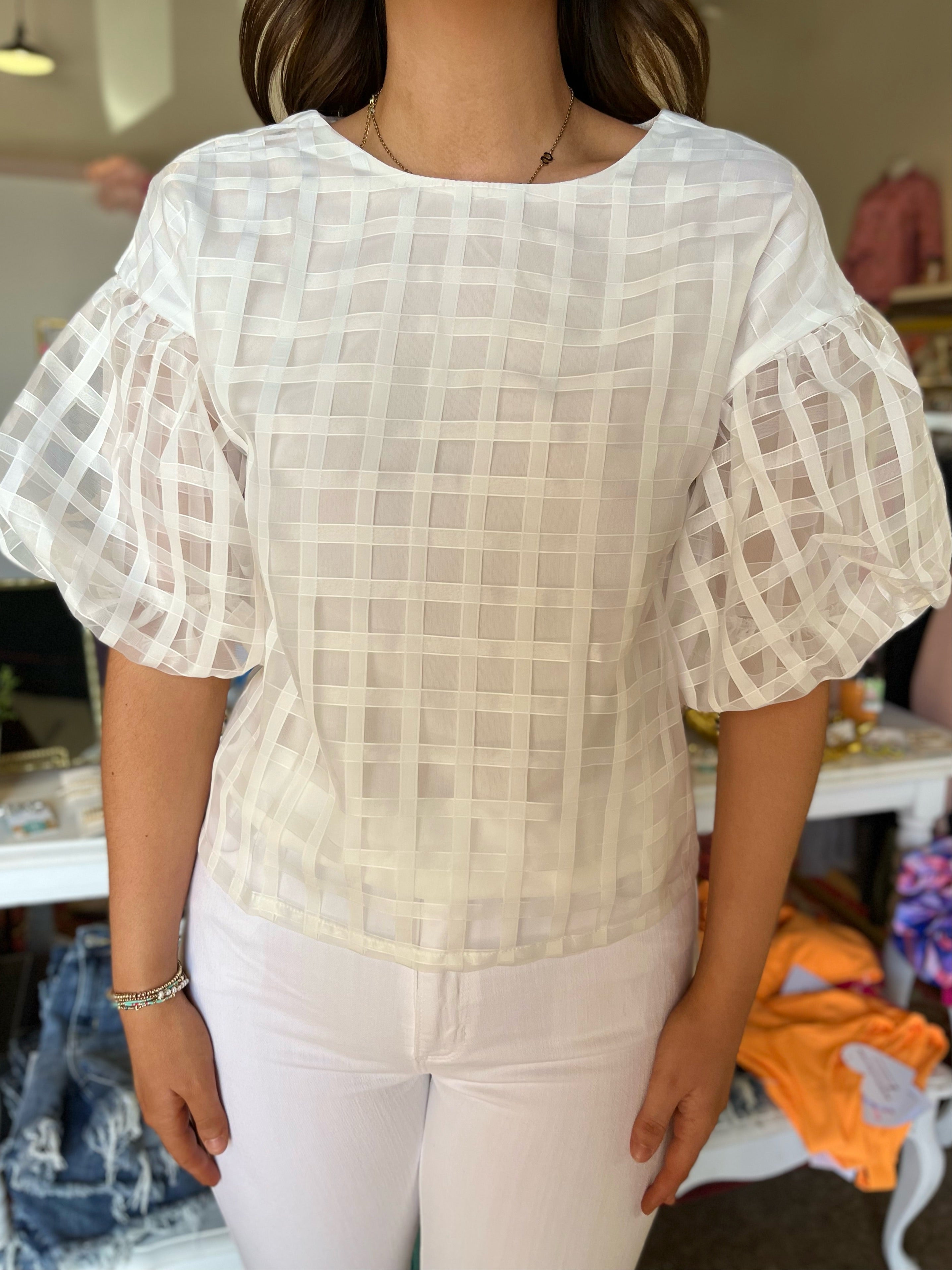 Checkered Organza Puff Sleeve Top - White