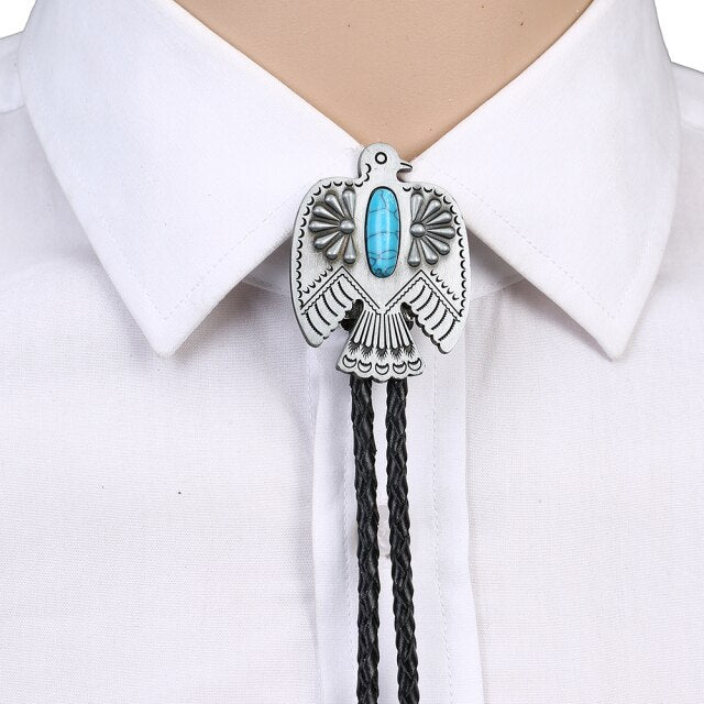 Cowboy West bolo tie natural pine eagle zinc alloy leather collar rope