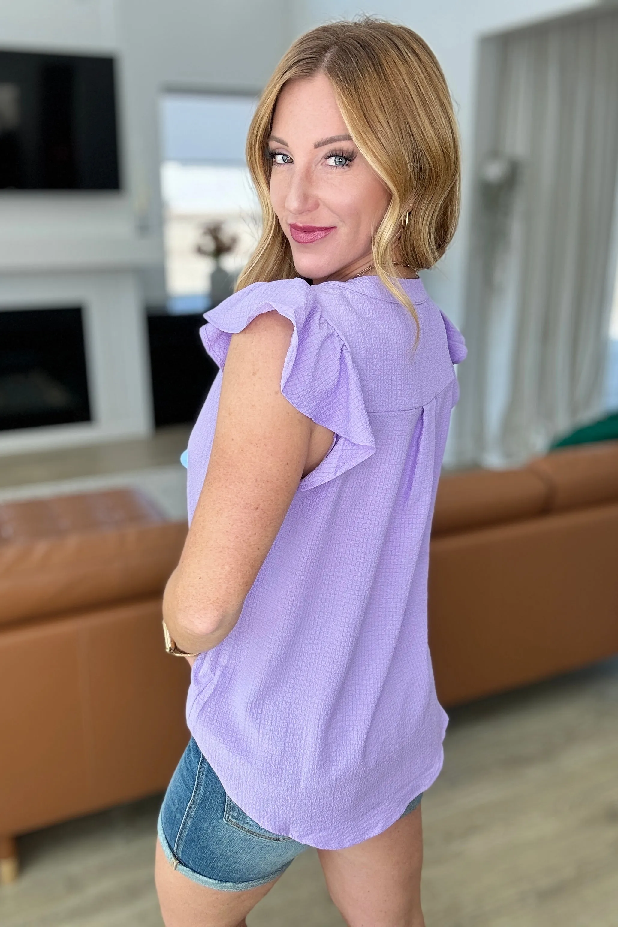 Crinkle Split Neckline Flutter Sleeve Top in Lavender