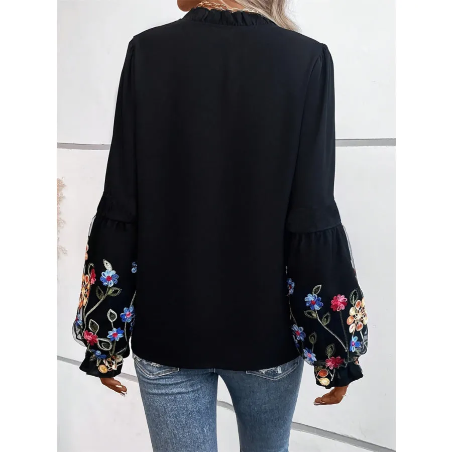 Embroidered Notched Long Sleeve Blouse