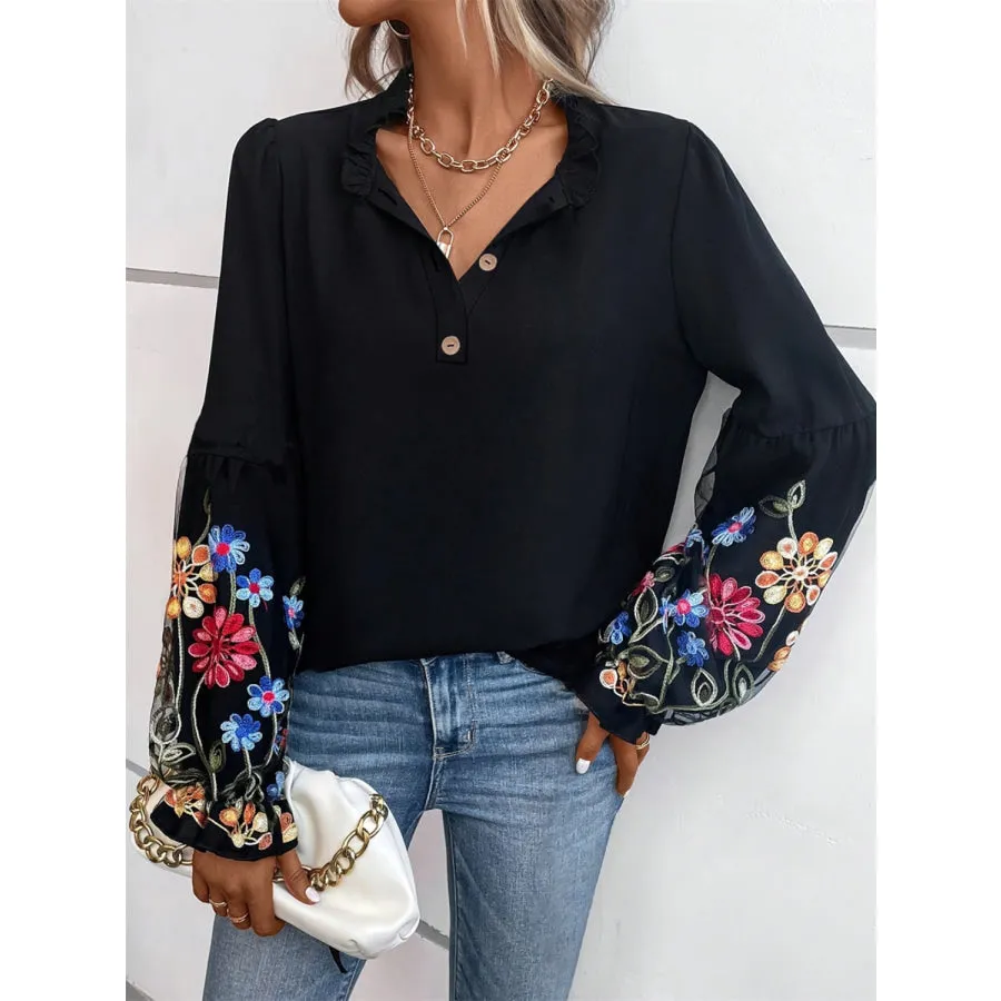 Embroidered Notched Long Sleeve Blouse