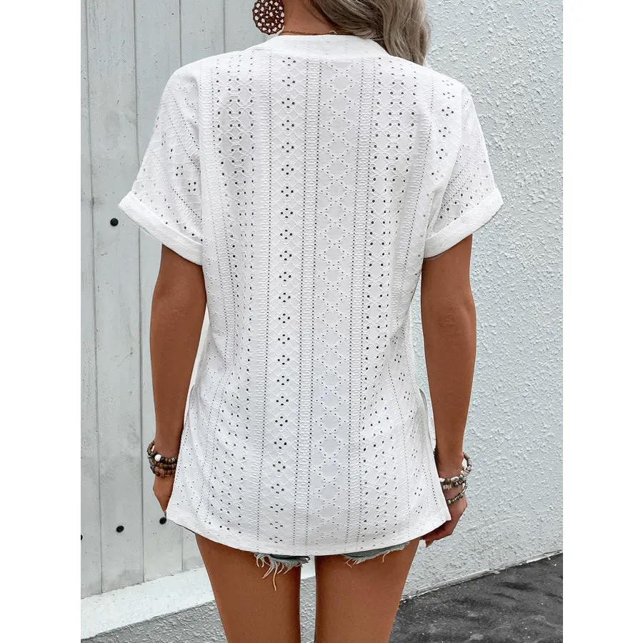 Eyelet Notched Short Sleeve Blouse