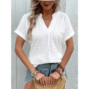 Eyelet Notched Short Sleeve Blouse