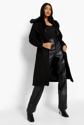 Faux Fur Collar Belted Wool Look Coat