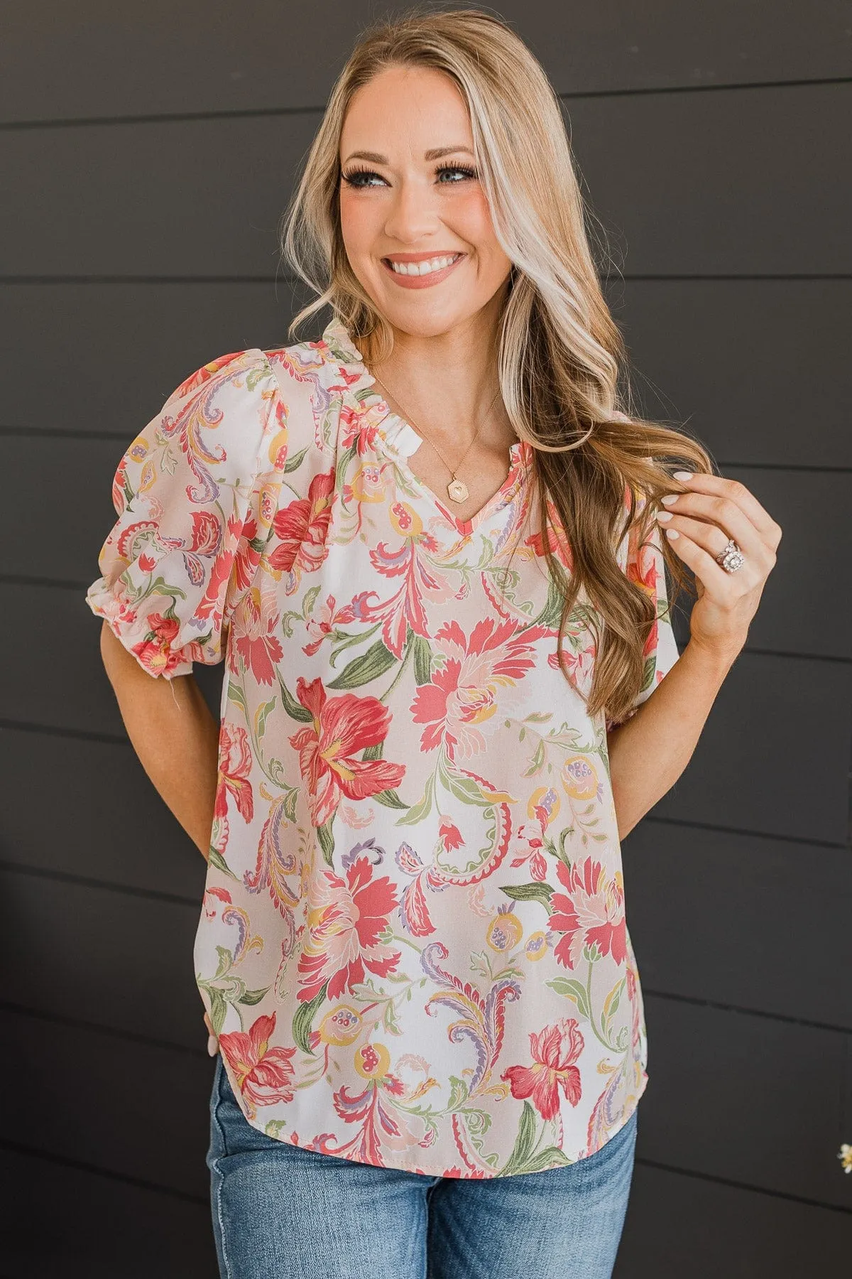 Feeling Happy Floral Blouse- Ivory & Pink