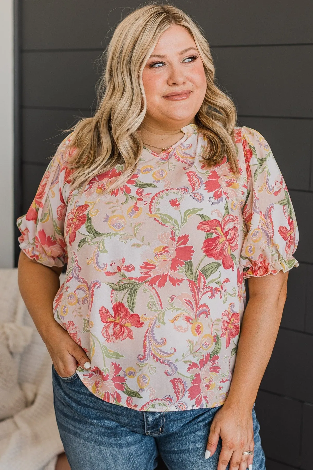 Feeling Happy Floral Blouse- Ivory & Pink