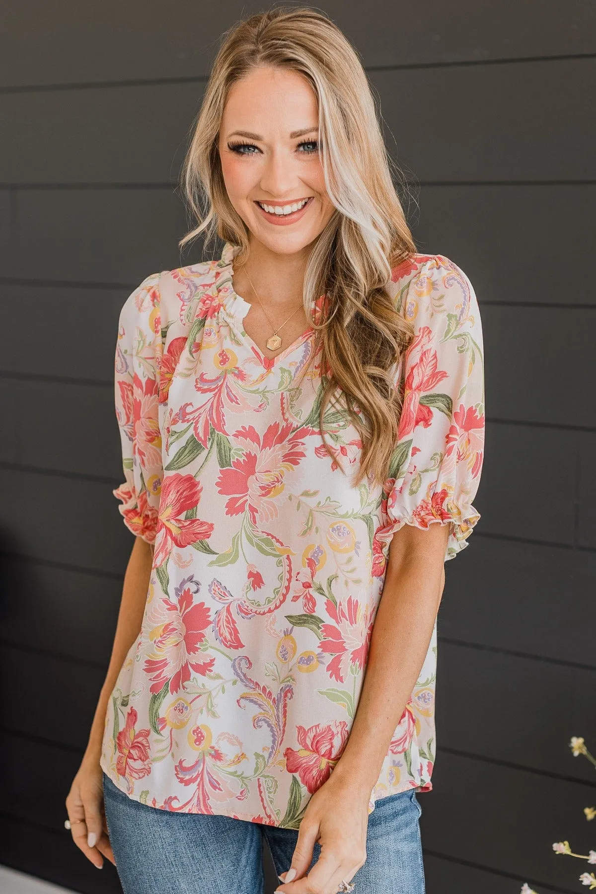 Feeling Happy Floral Blouse- Ivory & Pink