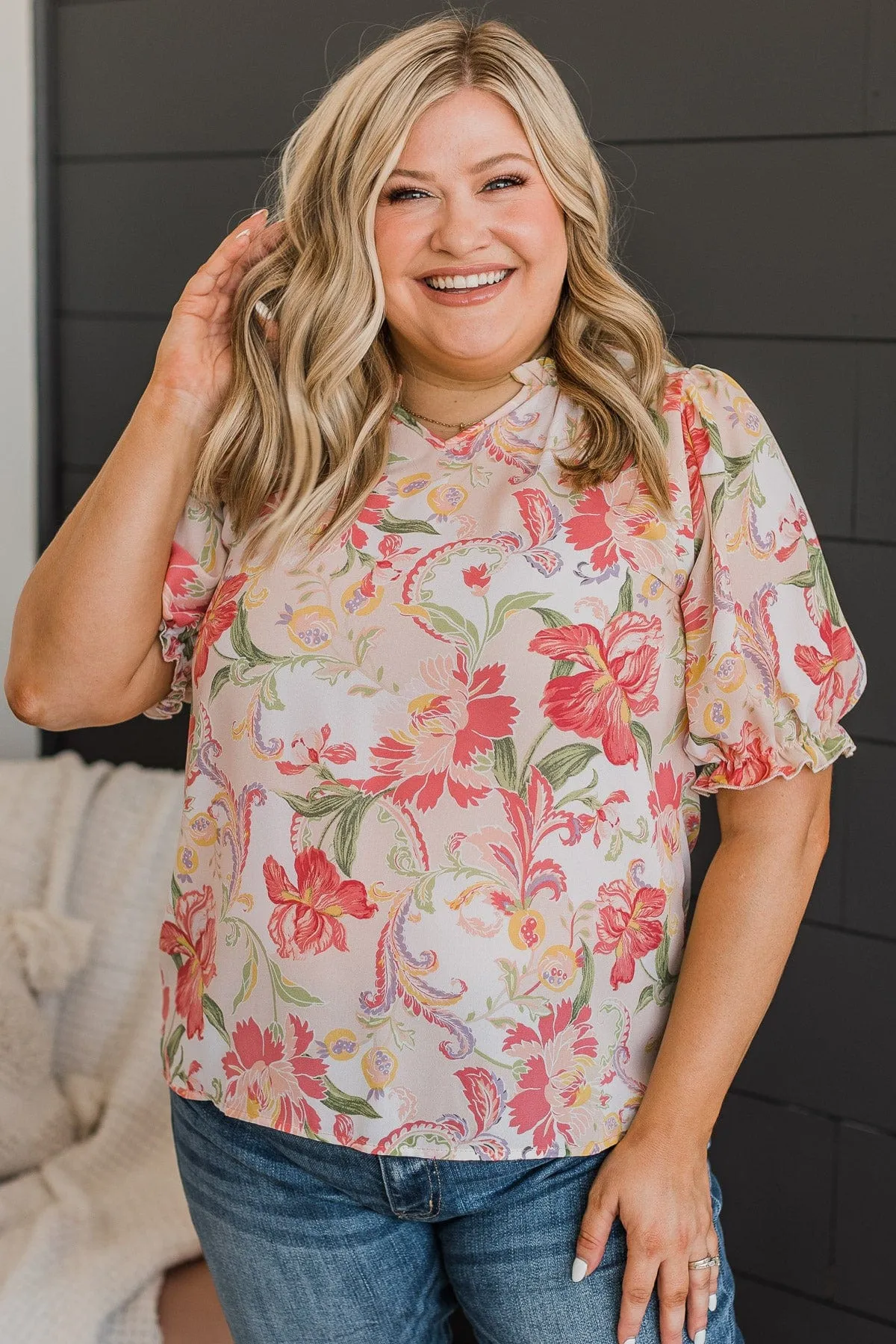 Feeling Happy Floral Blouse- Ivory & Pink