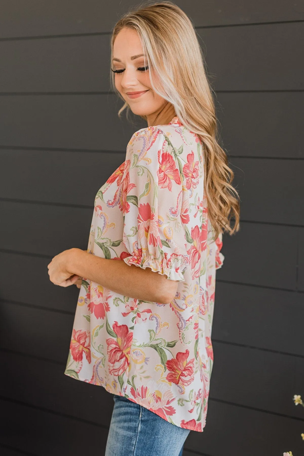 Feeling Happy Floral Blouse- Ivory & Pink