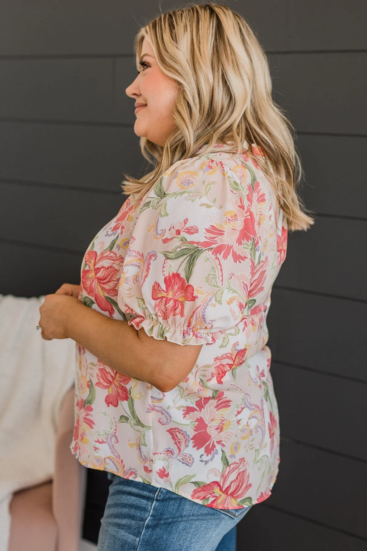 Feeling Happy Floral Blouse- Ivory & Pink