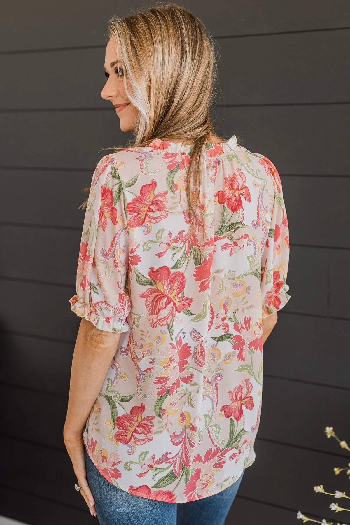 Feeling Happy Floral Blouse- Ivory & Pink