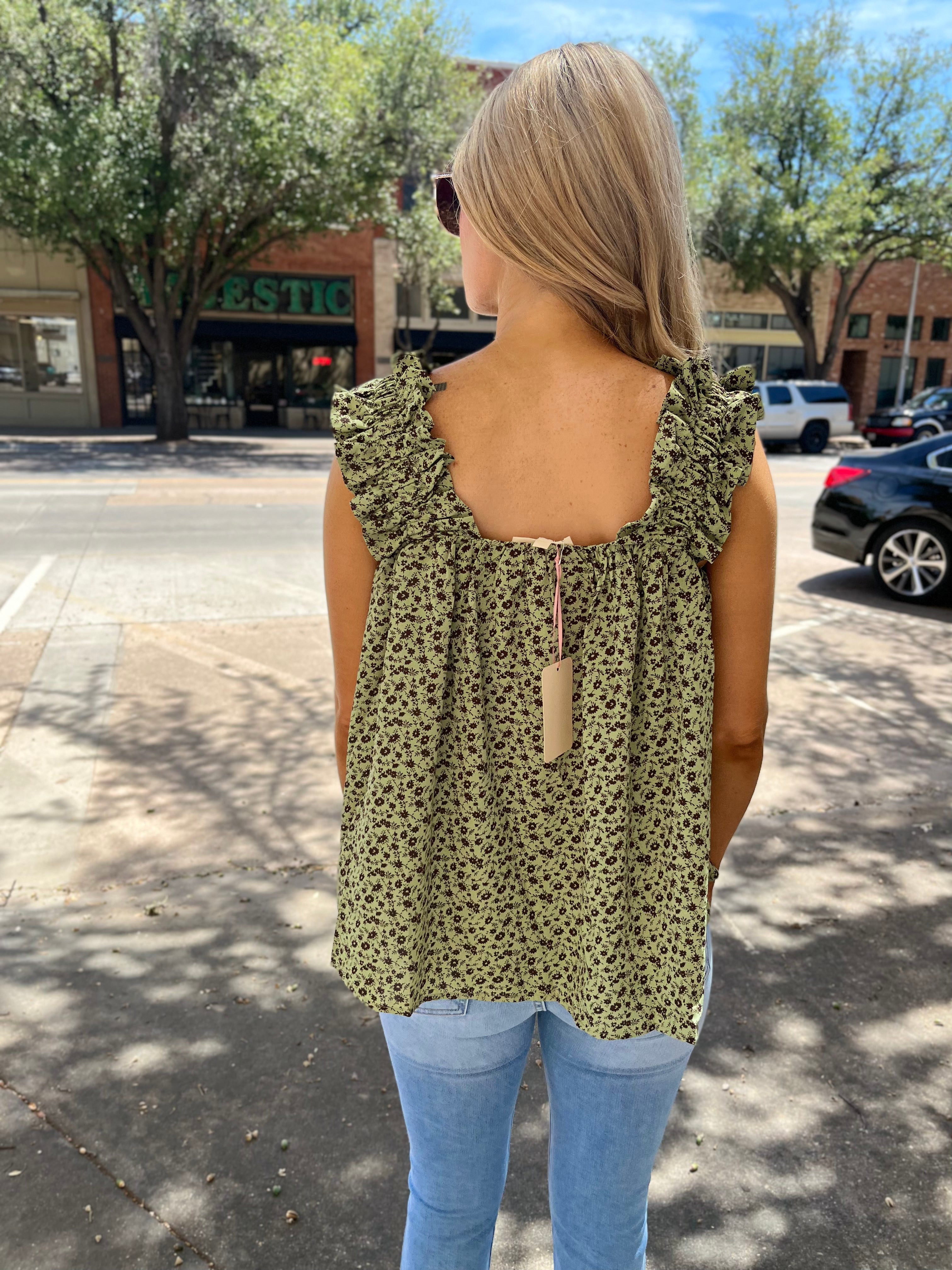 Floral Ruched Strap Top - Olive