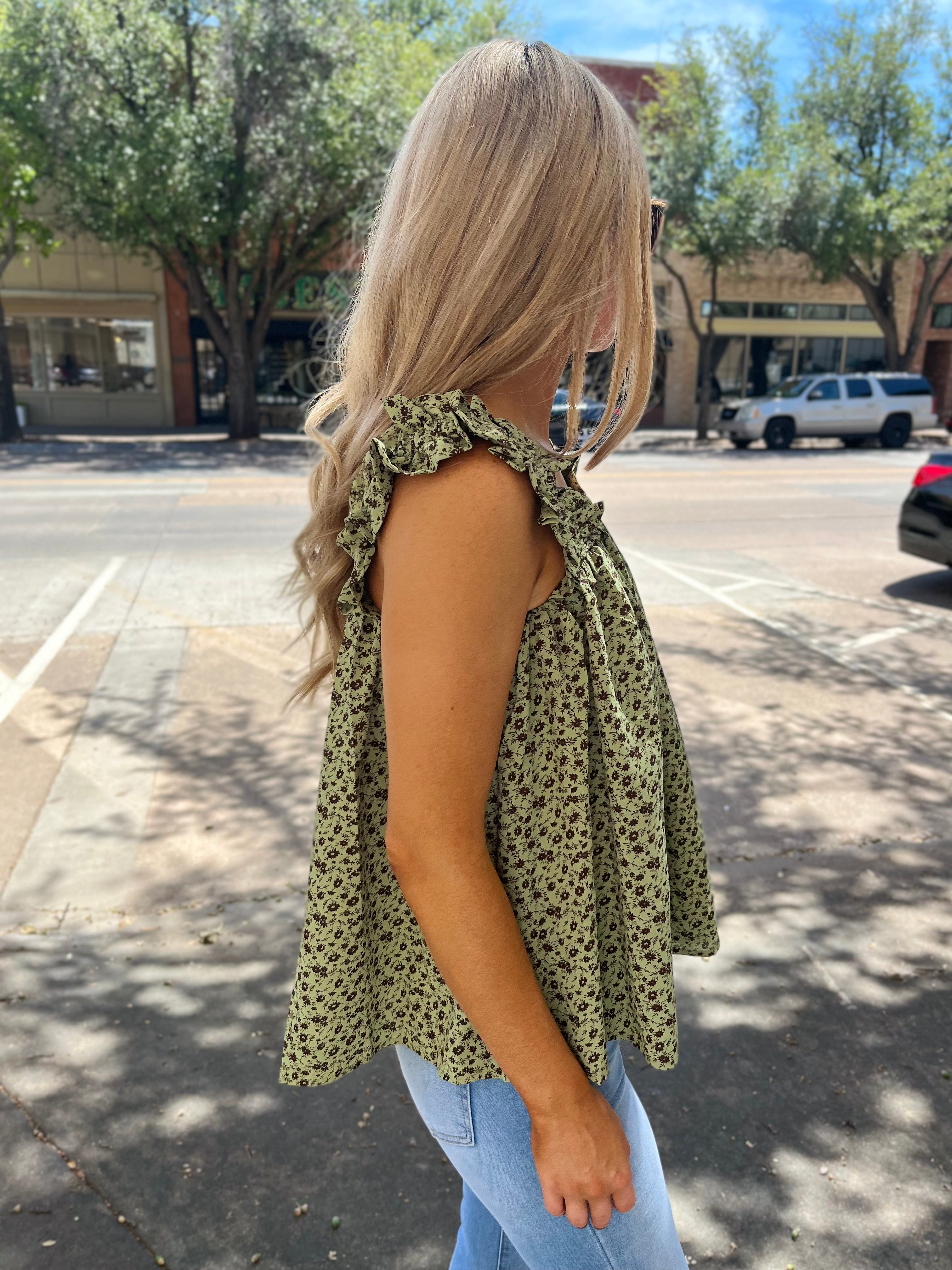 Floral Ruched Strap Top - Olive