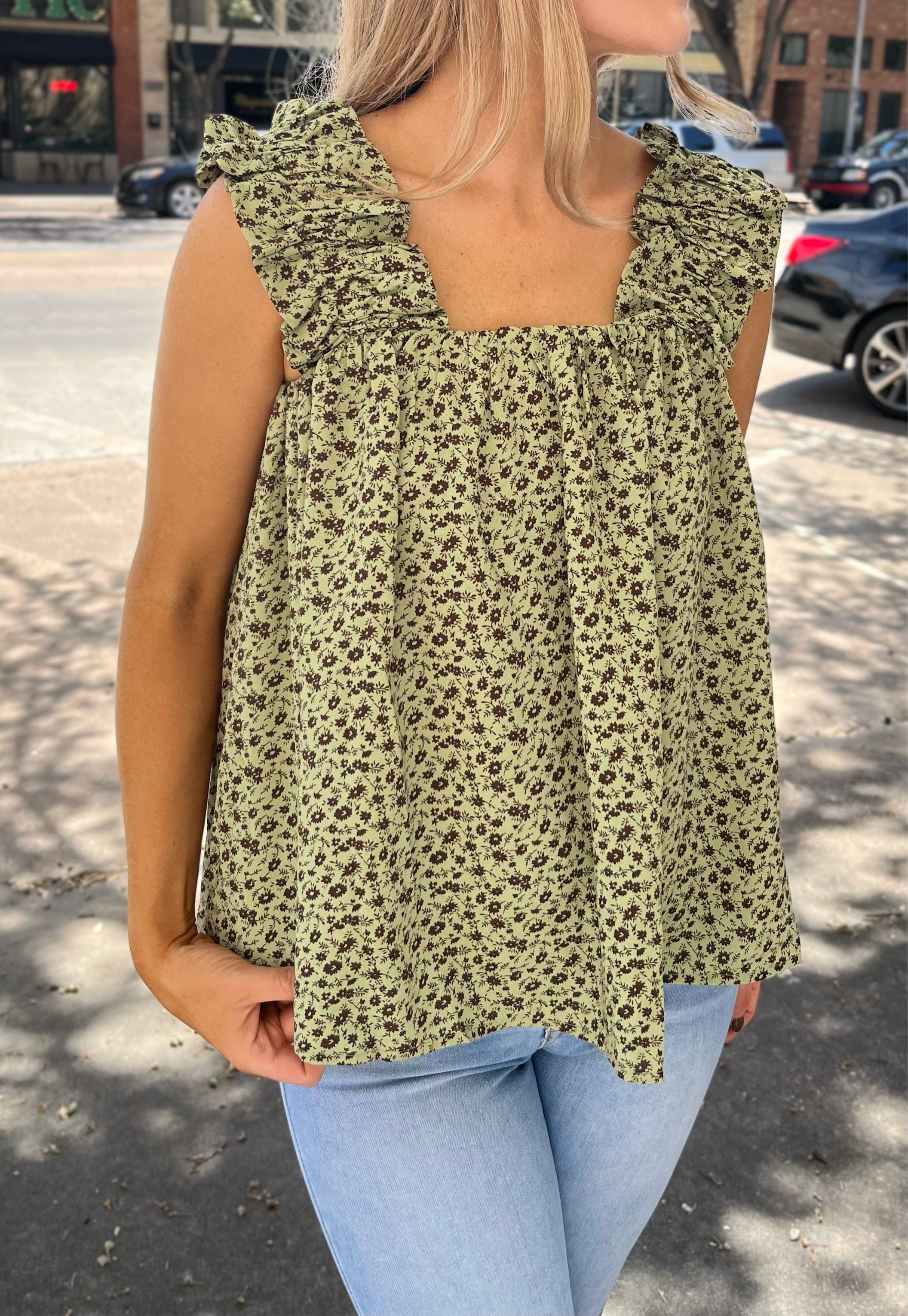 Floral Ruched Strap Top - Olive