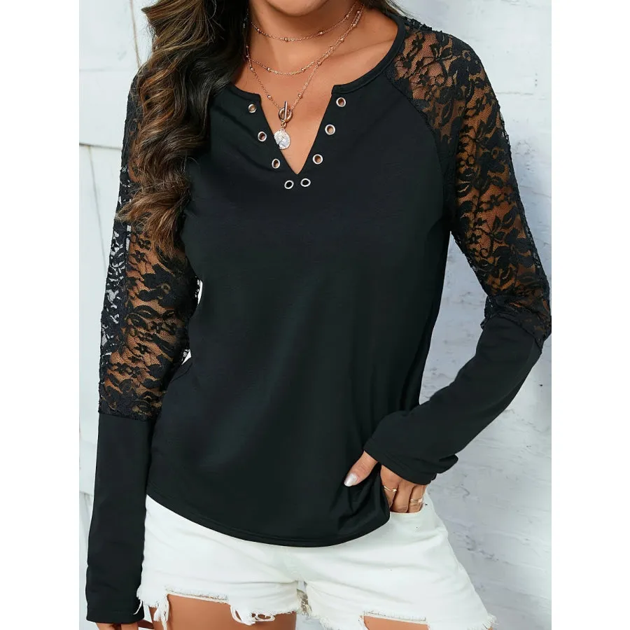 Lace Notched Long Sleeve Blouse