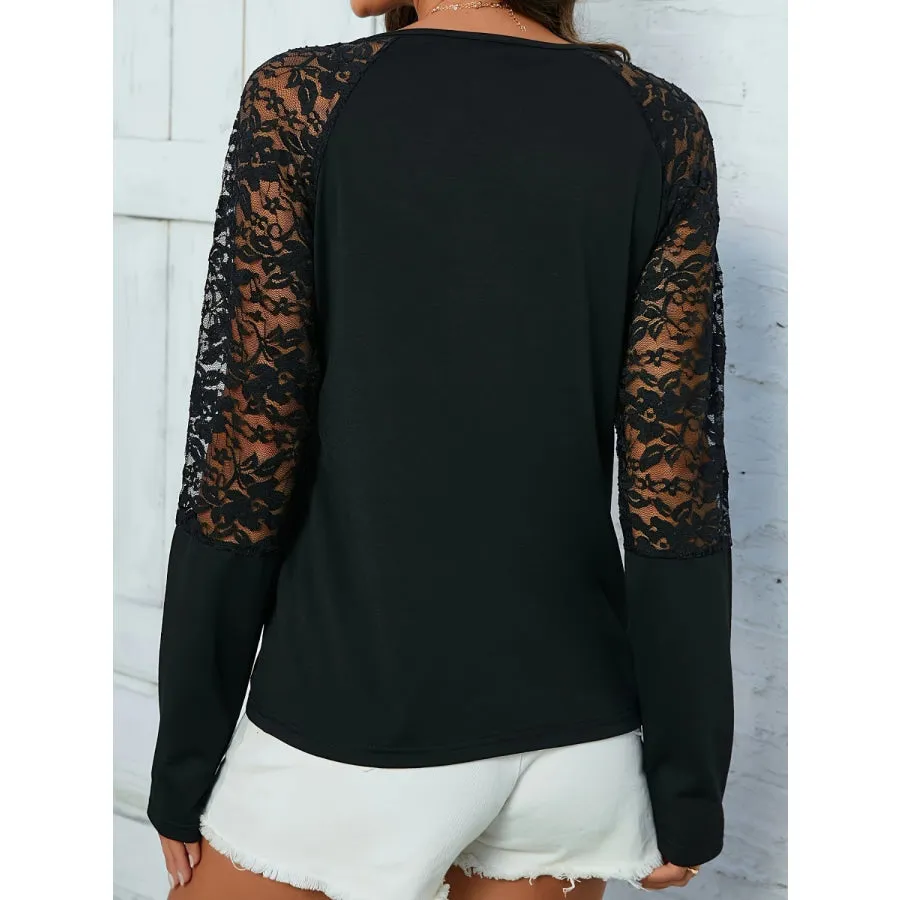 Lace Notched Long Sleeve Blouse