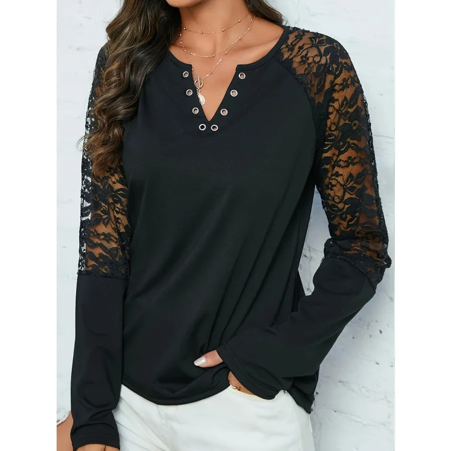 Lace Notched Long Sleeve Blouse