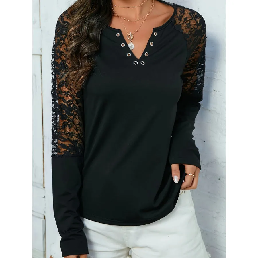 Lace Notched Long Sleeve Blouse