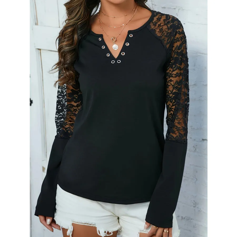 Lace Notched Long Sleeve Blouse