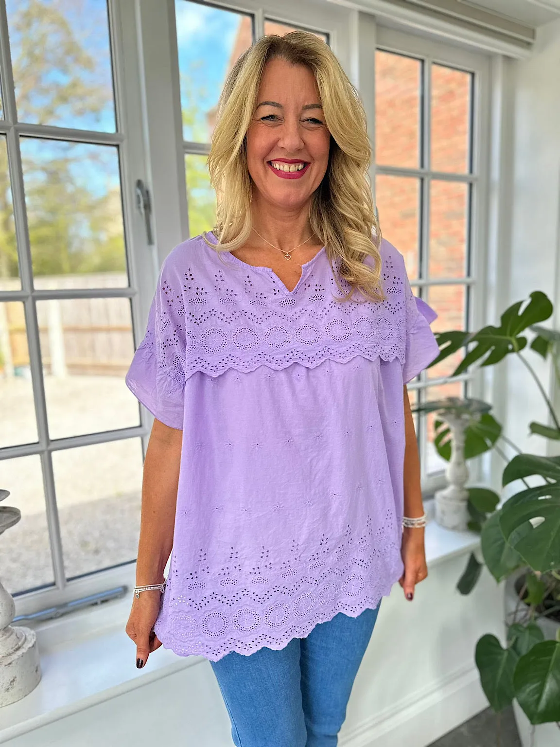 Lilac Broderie Anglaise Frill Sleeve Top Moira