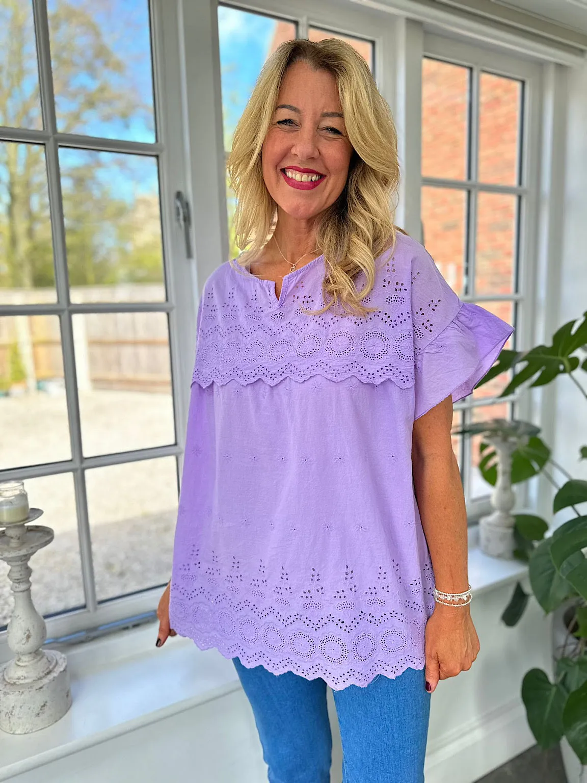 Lilac Broderie Anglaise Frill Sleeve Top Moira