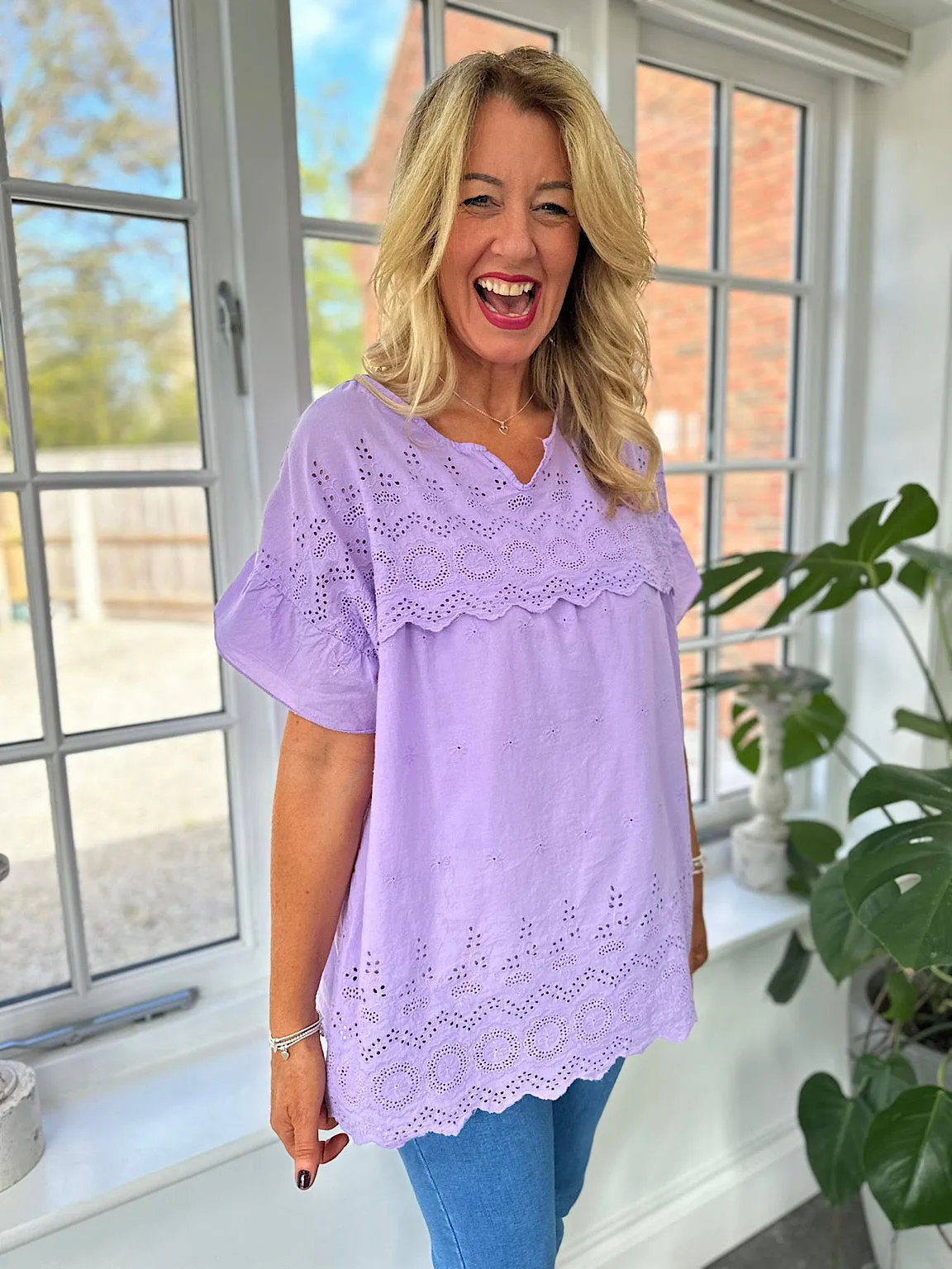 Lilac Broderie Anglaise Frill Sleeve Top Moira