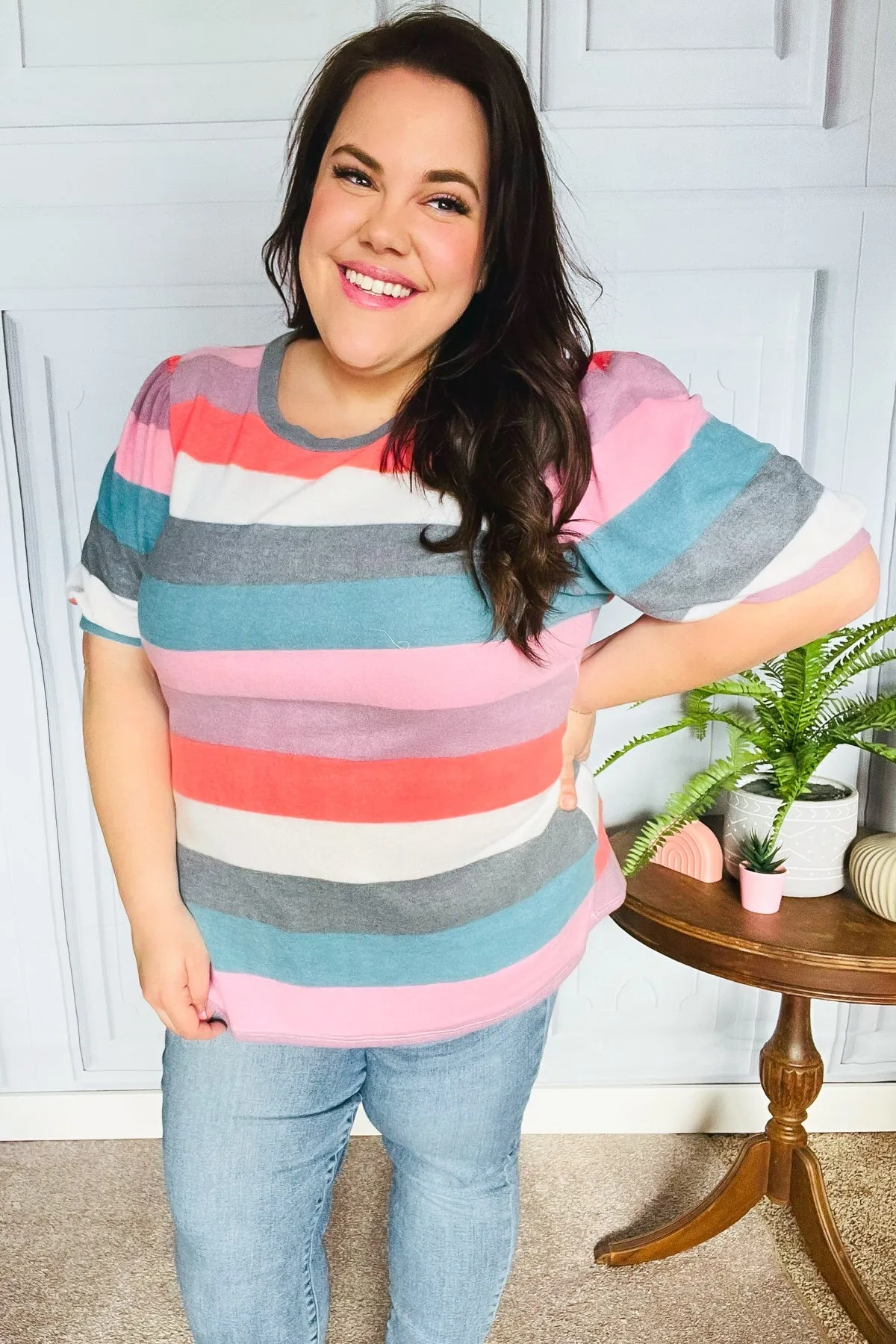 Look Out Teal & Rose Striped Hacci Knit Puff Sleeve Top