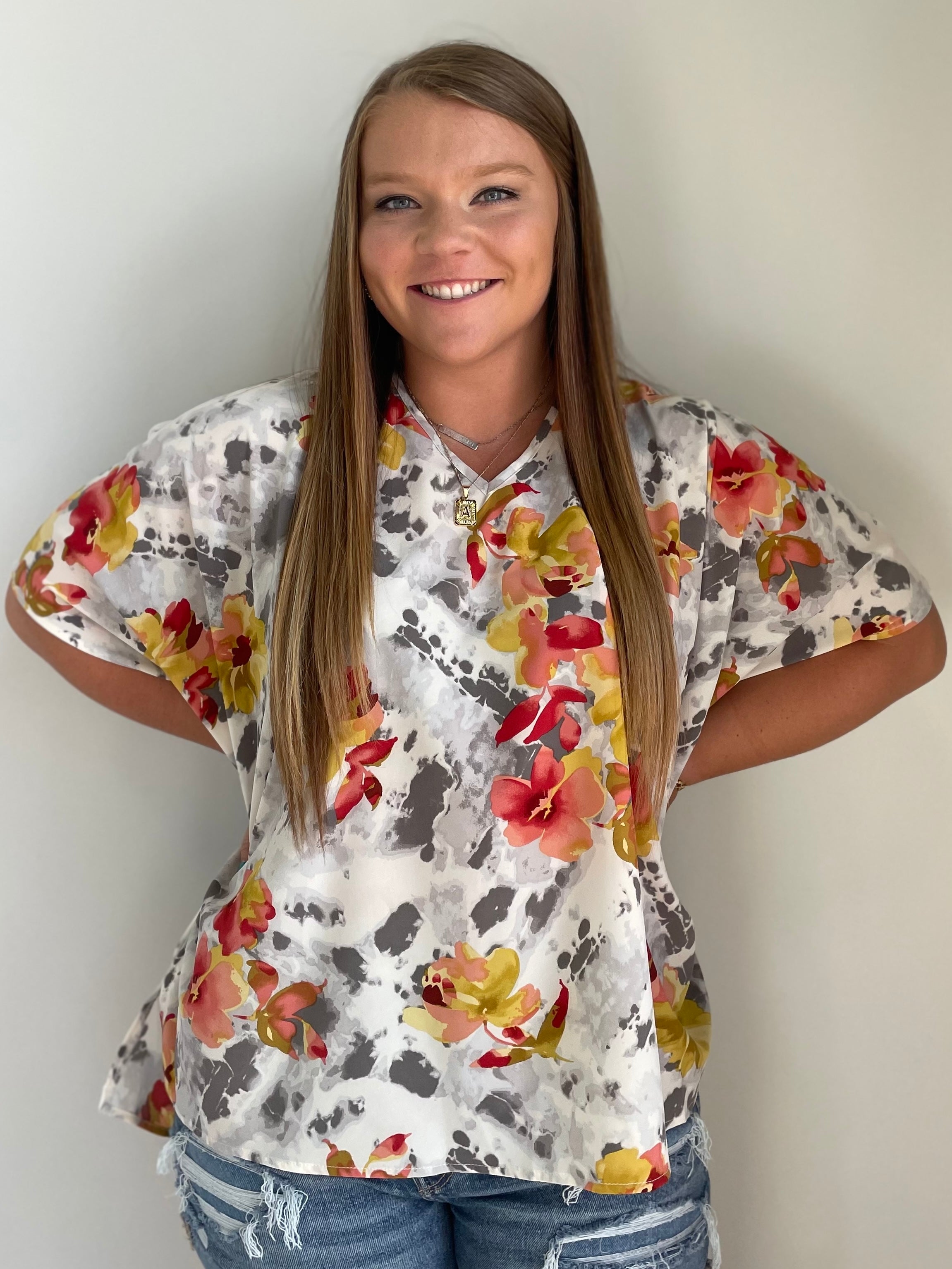 Mabel Grey & Coral Mix Floral Top